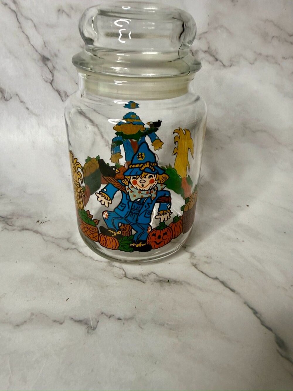Vintage Glass Scarecrow Lidded Canister